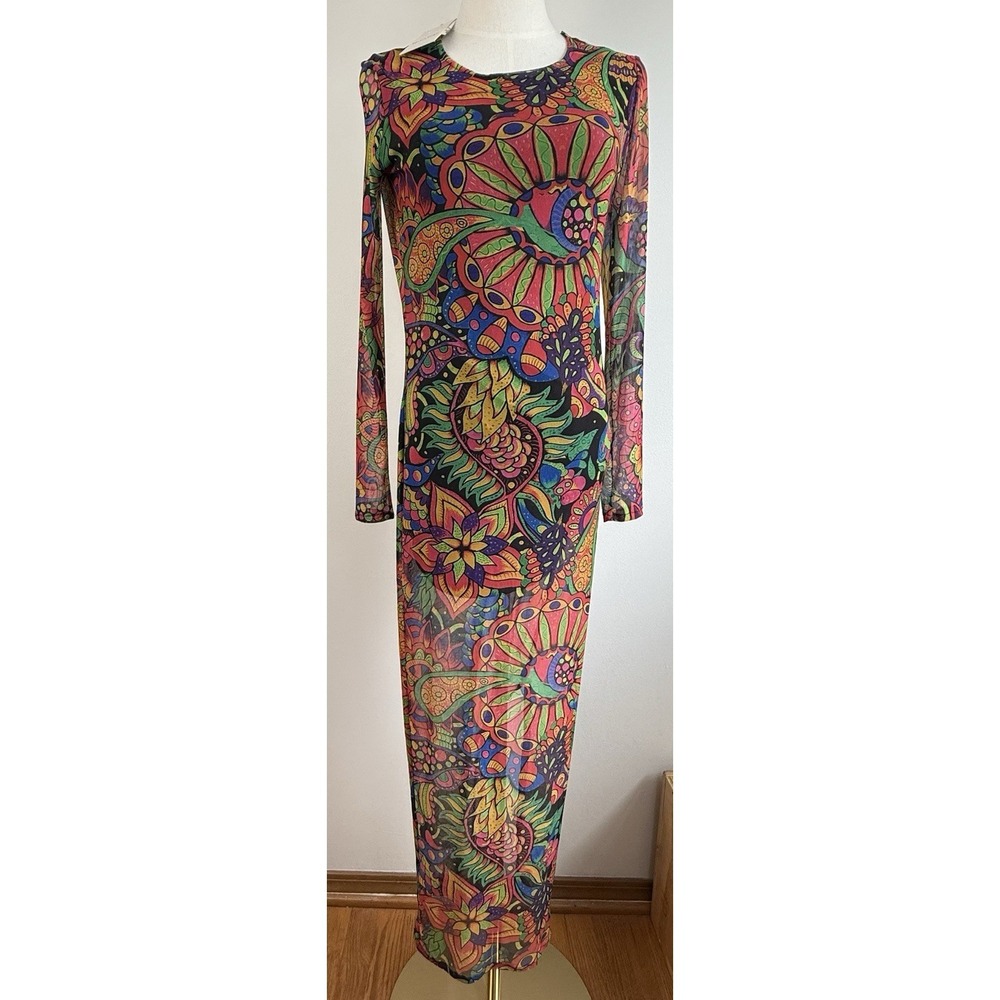 MISS City Maxi Dress Slit Long Sleeve Dress Sz S/M Small Medium Psychedelic‎ NWT